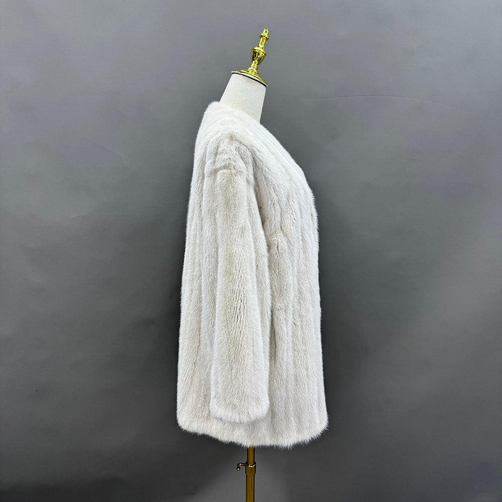 Women's Real Mink Fur V-Neck Coat - Natural White - Side View