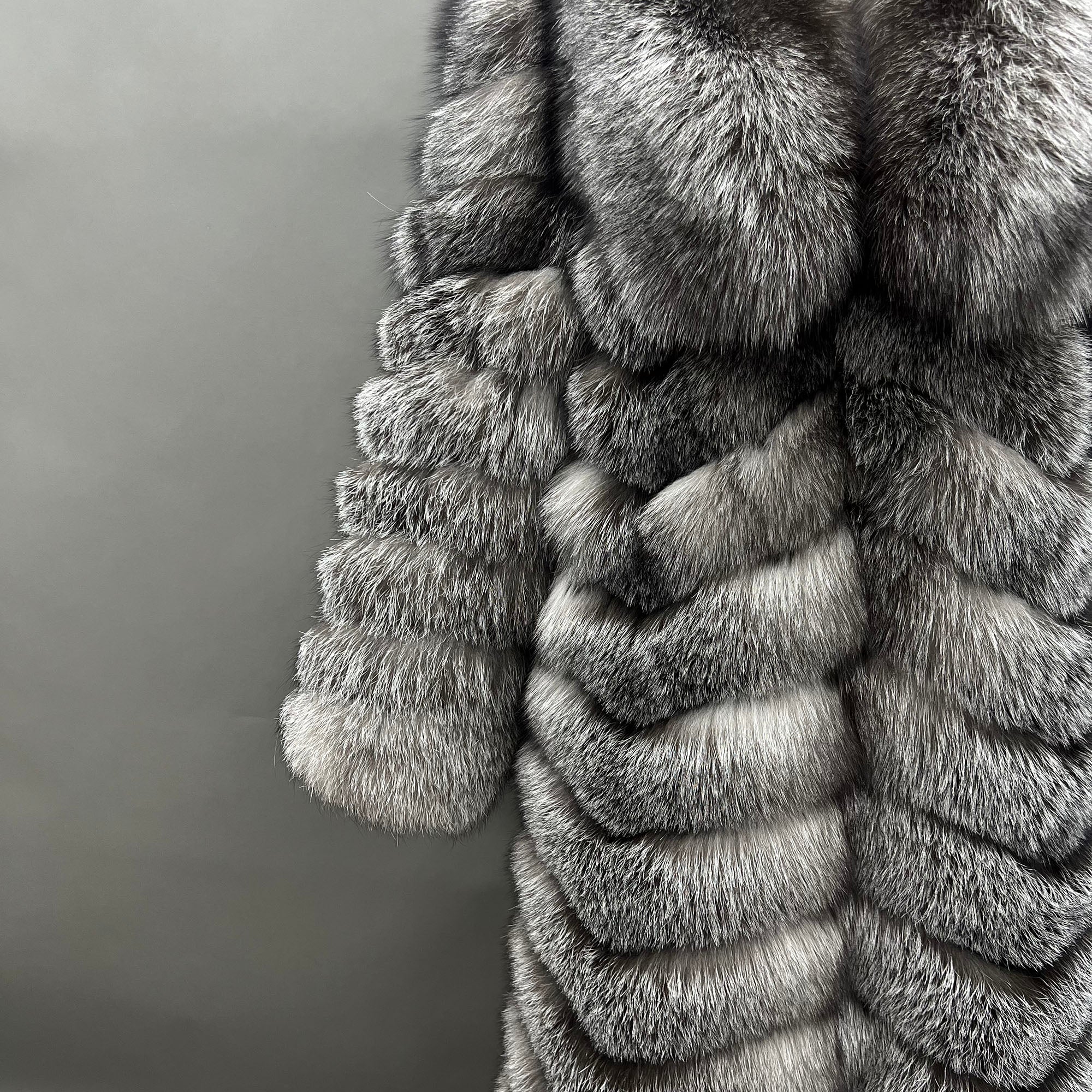 Women's Silver Fox Fur Maxi Coat - Detail Close-up