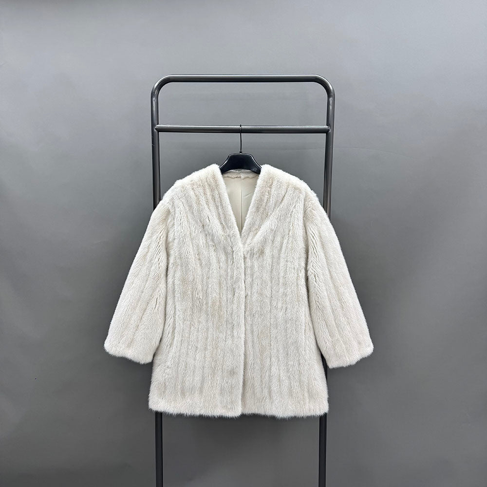 Women's Real Mink Fur V-Neck Coat - Natural White - Hanging Full View
