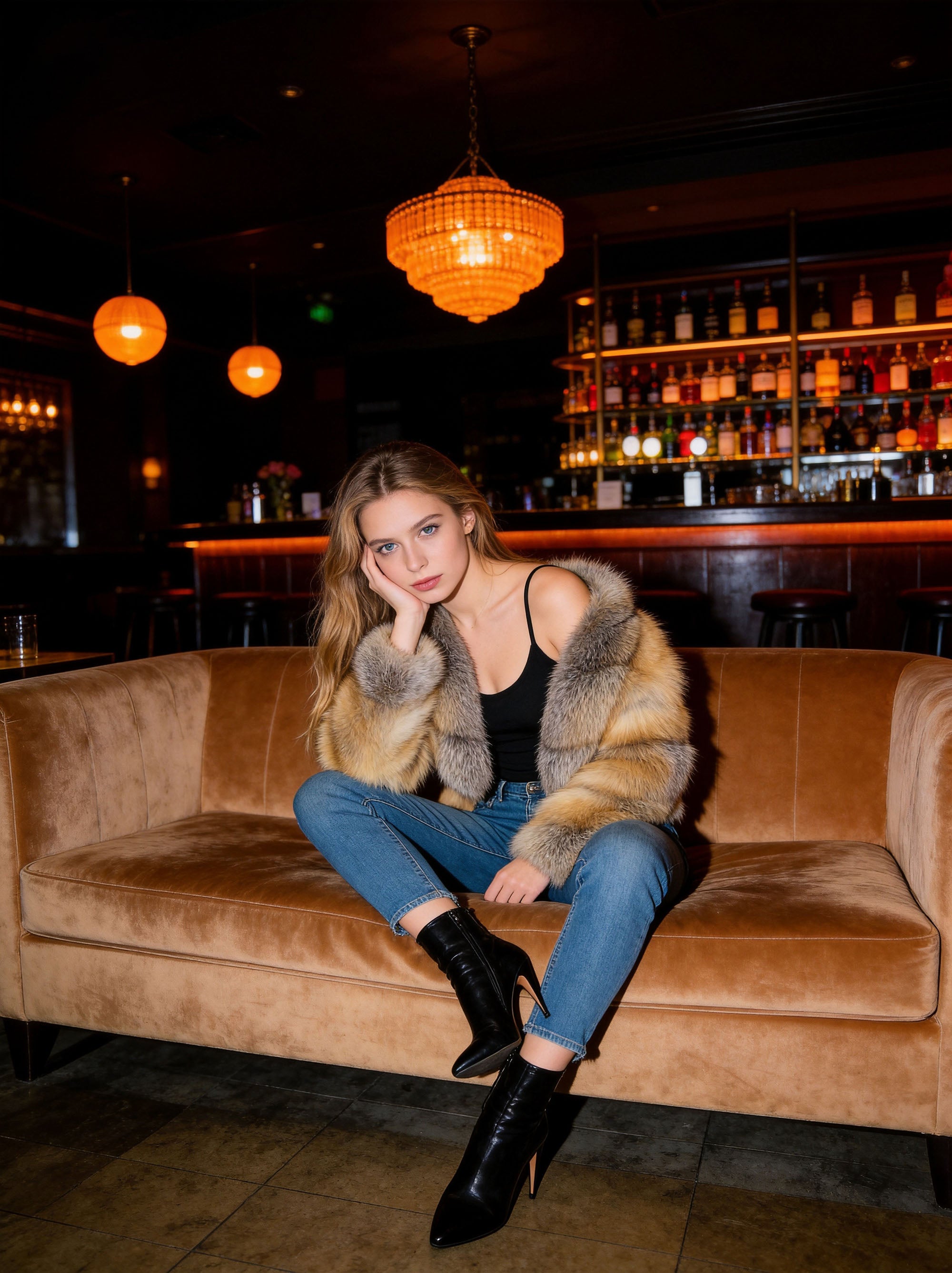 Golden fox fur puff panel cropped jacket — close-up front detail